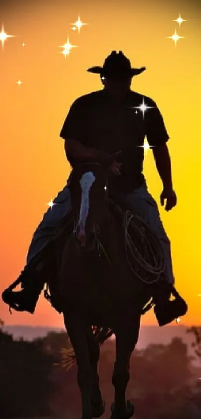 Cowboy silhouette riding into a vibrant sunset on mobile wallpaper.