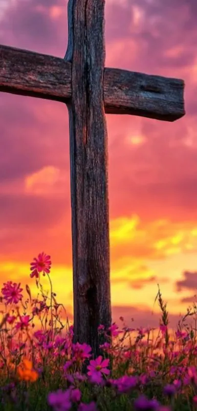 Cross at sunset with vibrant wildflowers.