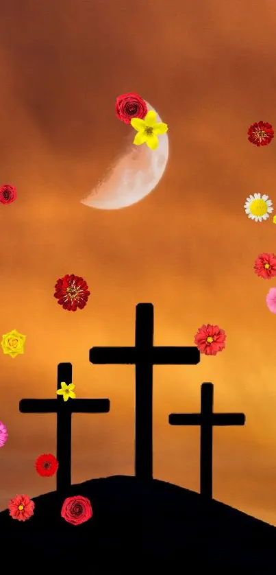 Silhouetted crosses under an orange sunset with a crescent moon in the sky.