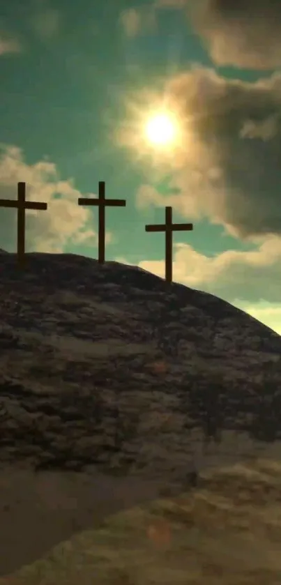 Sunset sky with three crosses on a hill, creating a serene spiritual wallpaper.