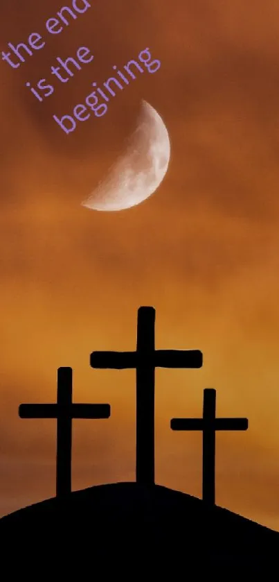 Silhouetted crosses at sunset with crescent moon