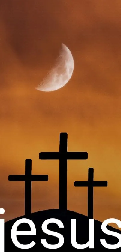 Sunset with three crosses and a moon in a serene sky.