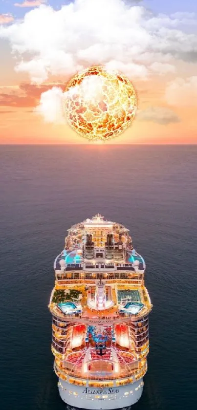 Cruise ship under a vibrant sunset on the ocean.