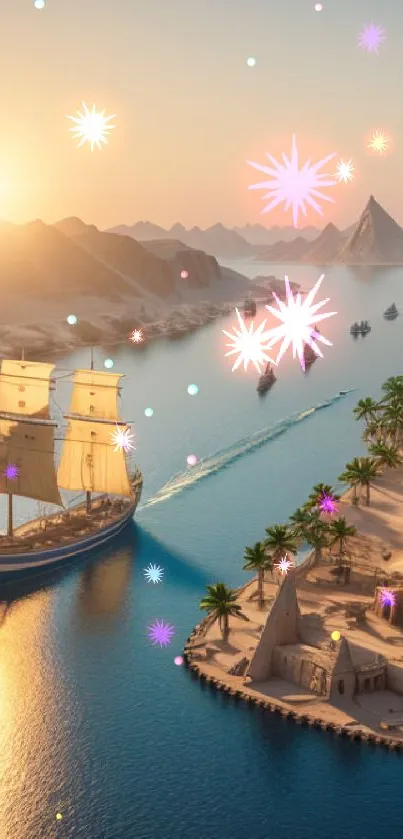 A sailing ship on a serene river at sunset with ancient architecture and palm trees.