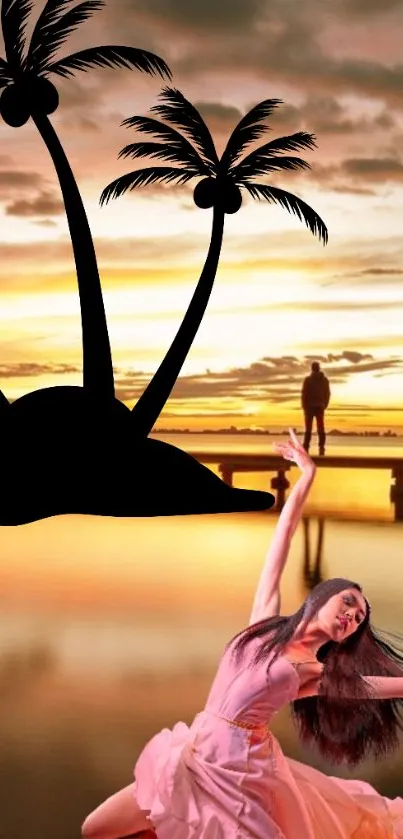 Dancer posing at sunset with palm silhouettes over water.