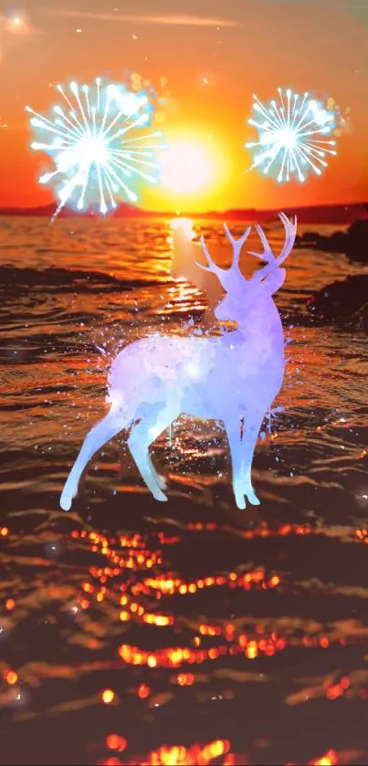 Sunset over ocean with deer silhouette and fireworks in a fantasy scene.