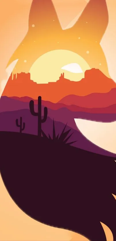 Fox silhouette with desert sunset scene featuring cactus and mountains.