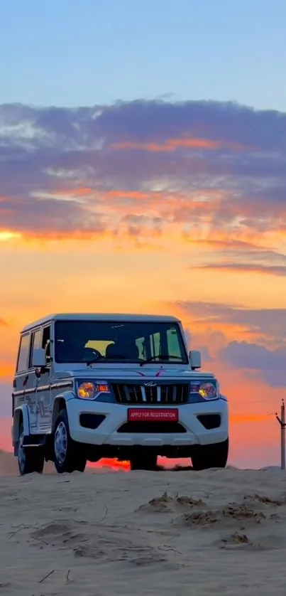 Rugged SUV driving through a sunset-lit desert landscape.