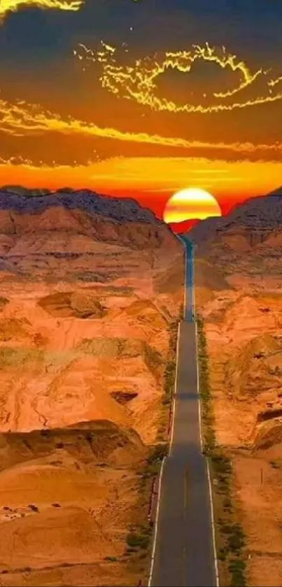 Sunset over a desert road with vibrant clouds.