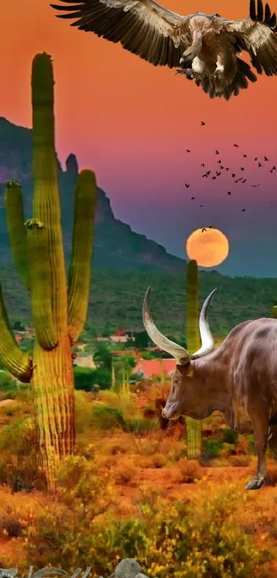 Desert landscape with wildlife at sunset, featuring cacti and vultures.