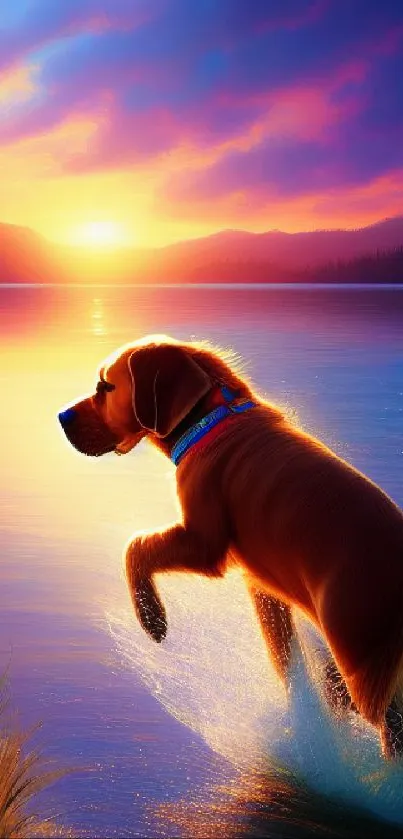 Dog wading in sunset-lit lake with colorful sky reflections.