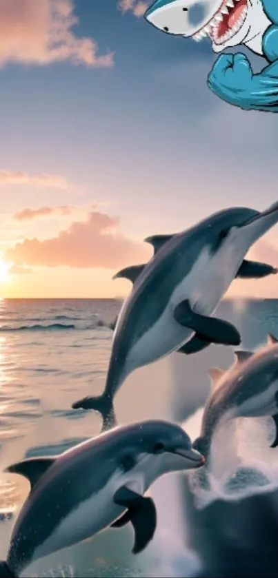 Dolphins leaping in the ocean against a colorful sunset sky with animated elements.