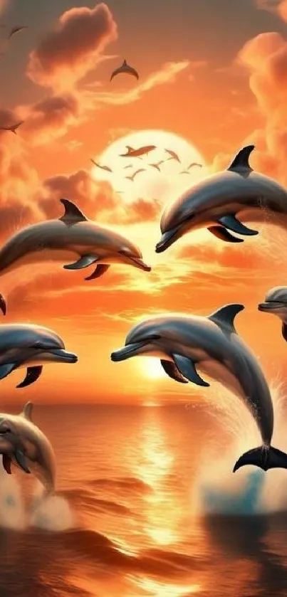 Dolphins leaping joyfully at sunset over a serene ocean, creating a vibrant mobile wallpaper.