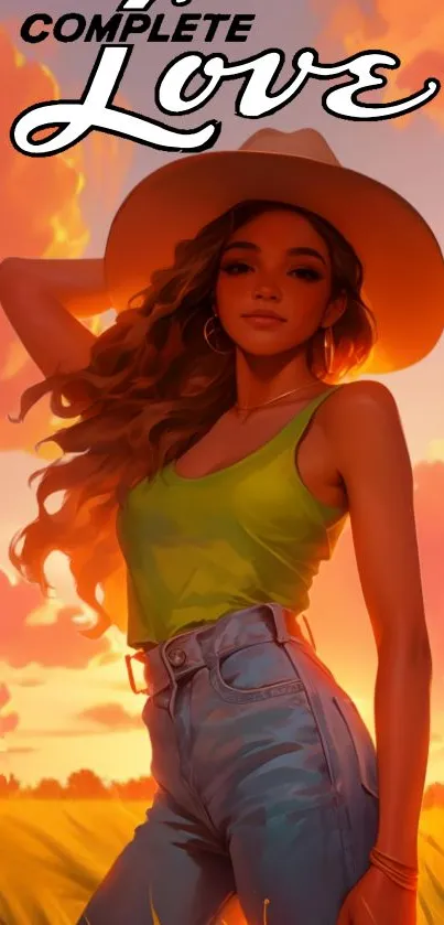 Woman in sunset with cowboy hat and green top, vibrant mobile wallpaper.