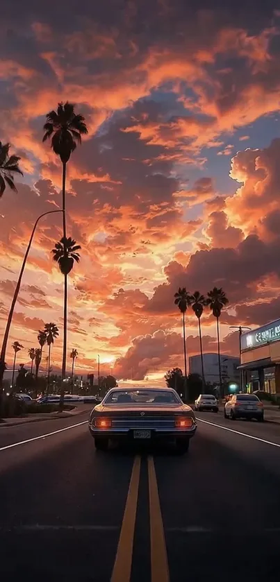 A car driving down a palm-lined street at sunset with orange skies overhead.