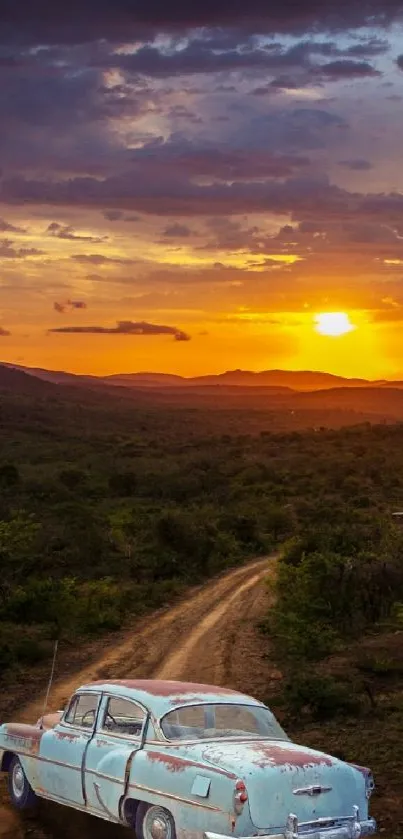 Vintage car driving into a vivid sunset.