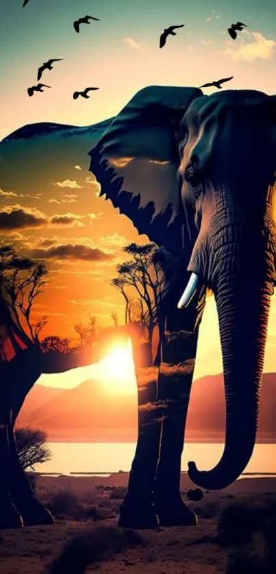 Majestic sunset elephant silhouette with vibrant colors.