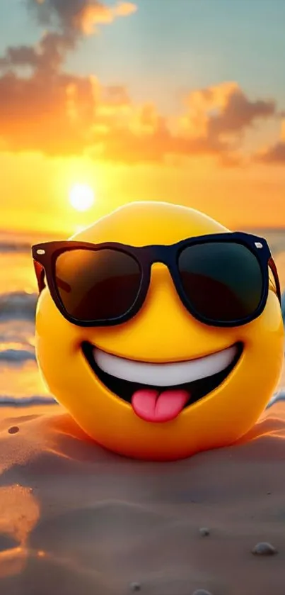 Cheerful emoji with sunglasses on a sunset beach