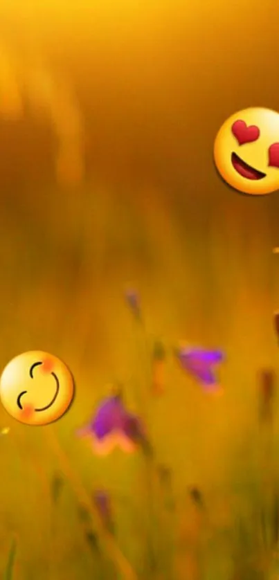 Golden sunset field with emojis and wildflowers in warm tones.