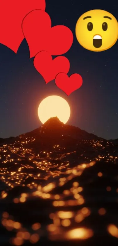 Sunset with floating heart and surprised emoji on a glowing ocean background.