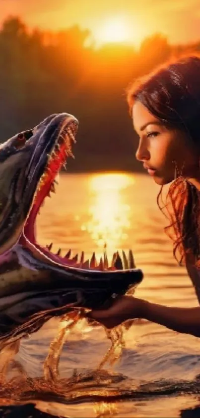 Woman faces sea creature at sunset in fantasy wallpaper.