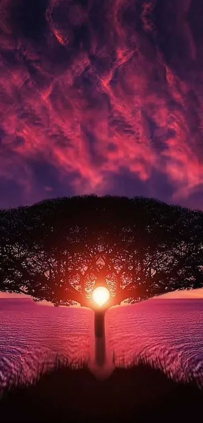 Surreal tree at sunset with vibrant purple sky.