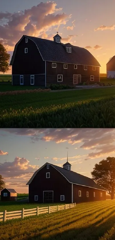 Serene sunset over farm landscape with vibrant orange hues and rustic barns.