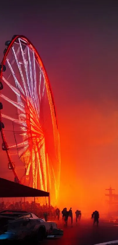 Vibrant sunset with Ferris wheel on a cityscape background.