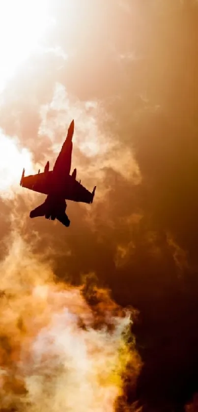 Two fighter jets silhouetted against a vibrant sunset sky with dramatic clouds.