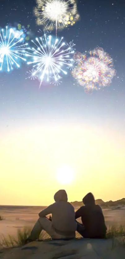 Beach sunset with fireworks illuminating the evening sky, featuring two silhouettes.