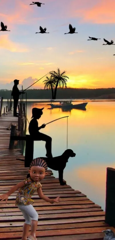 Silhouette fishing at sunset on a peaceful lakeside dock.