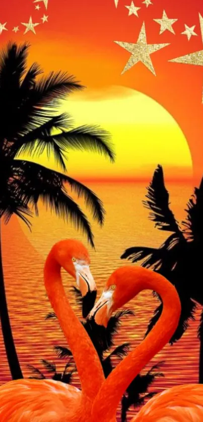 Flamingos with a vibrant sunset backdrop and palm trees.