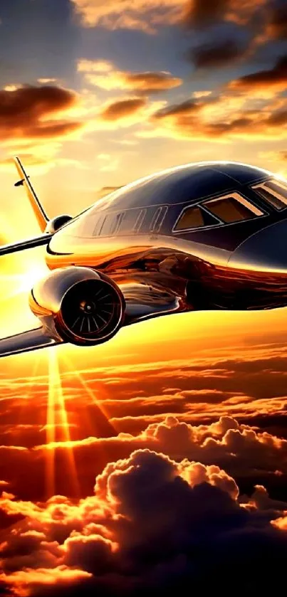 Luxury jet flying through vibrant orange sunset clouds.