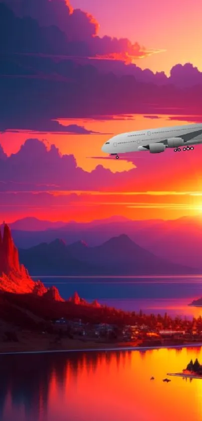 Airplane flying over mountains during a vibrant orange sunset.