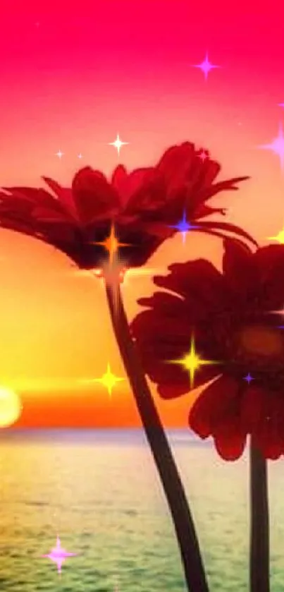 Vibrant ocean sunset with silhouetted red flowers.