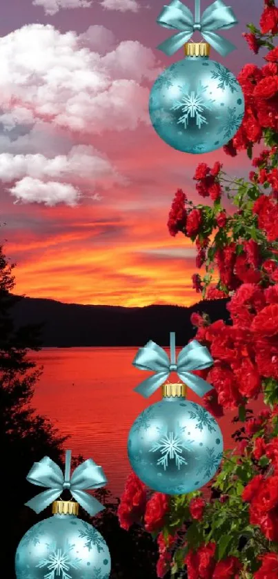 Vibrant sunset with red flowers and blue ornaments on a lakefront.