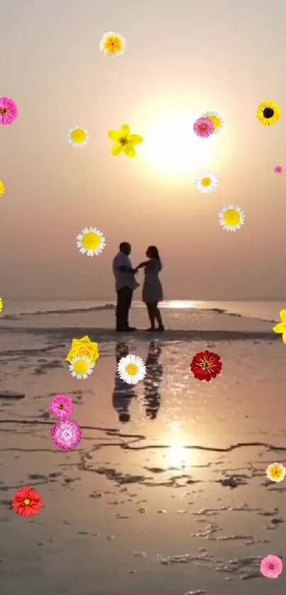 Romantic couple at sunset with floral designs overlay on the beach scene.