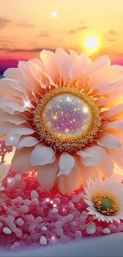 Fantasy flower under a sunset sky with pink petals.