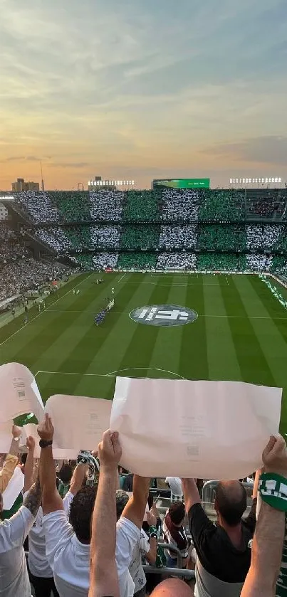 Football stadium packed with fans at sunset.