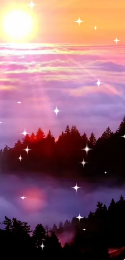 Vibrant sunset over a misty forest with sparkling stars.