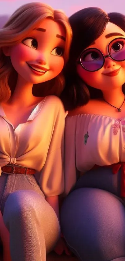 Animated wallpaper of two friends sitting at a sunset beach.