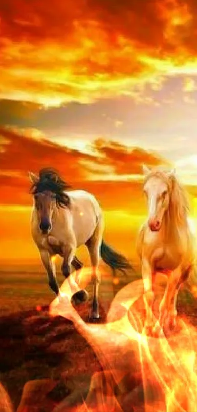 Horses galloping against a fiery sunset background.