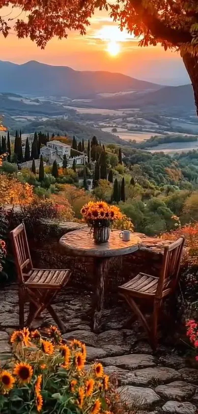 Serene sunset garden with seating area.
