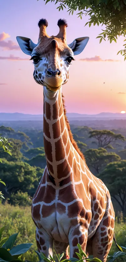 Giraffe standing in lush savannah during sunset.