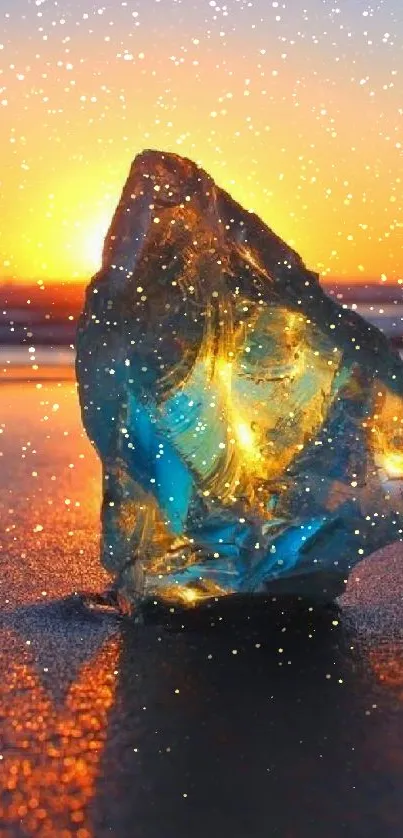 Glowing crystal on beach at sunset with vibrant colors.