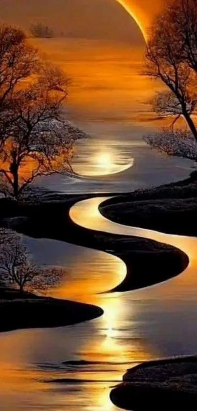 Serene river path glowing in sunset light