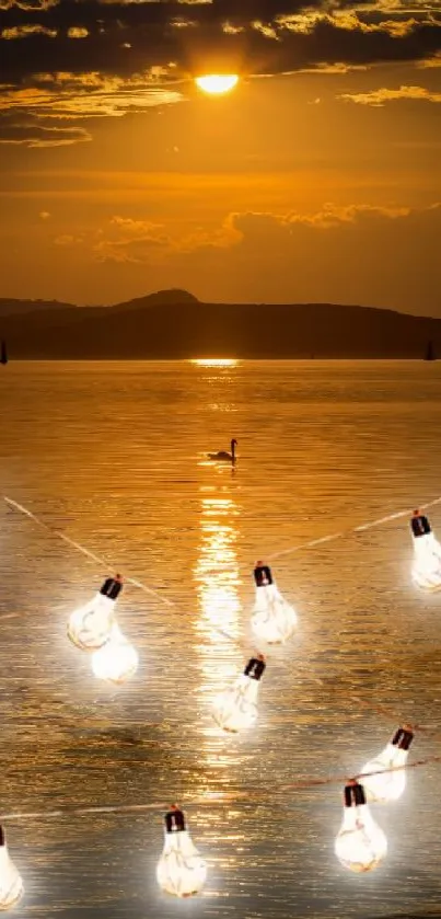 Serene sunset with glowing fairy lights over a tranquil lake.