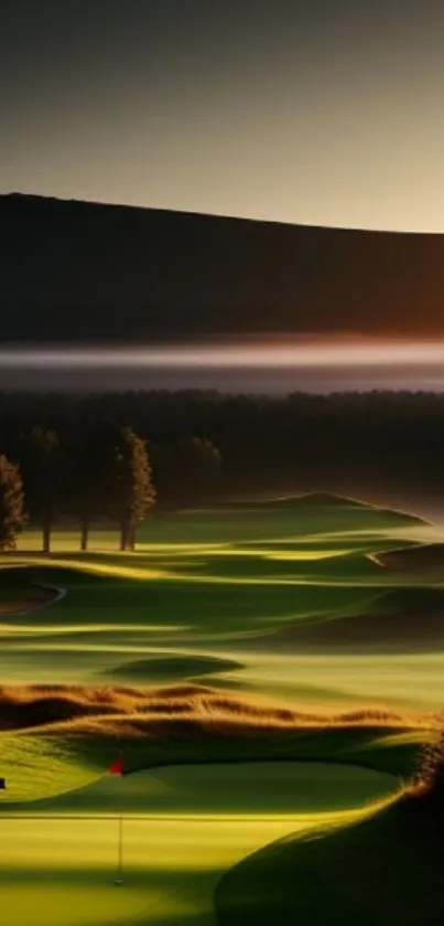 Serene golf course at sunset with lush green hills.