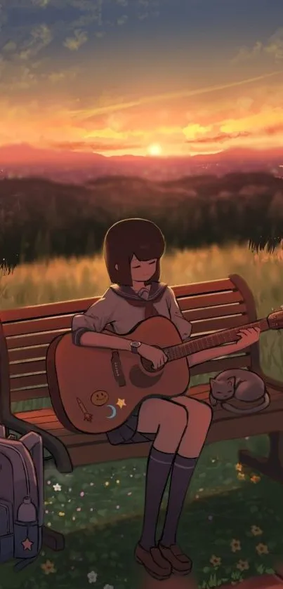 Anime girl playing guitar at sunset on a bench.