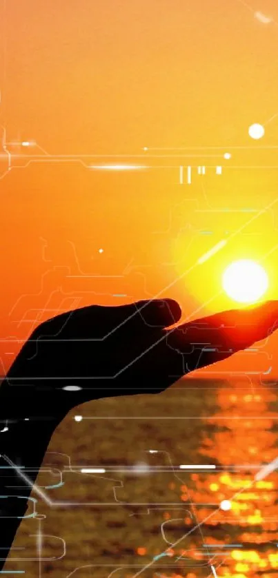 Digital art of a hand holding the sun at sunset with tech accents.